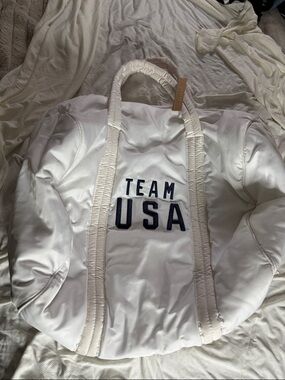 SKIMS White Quilted Puffer Tote with Navy 'TEAM USA' Lettering